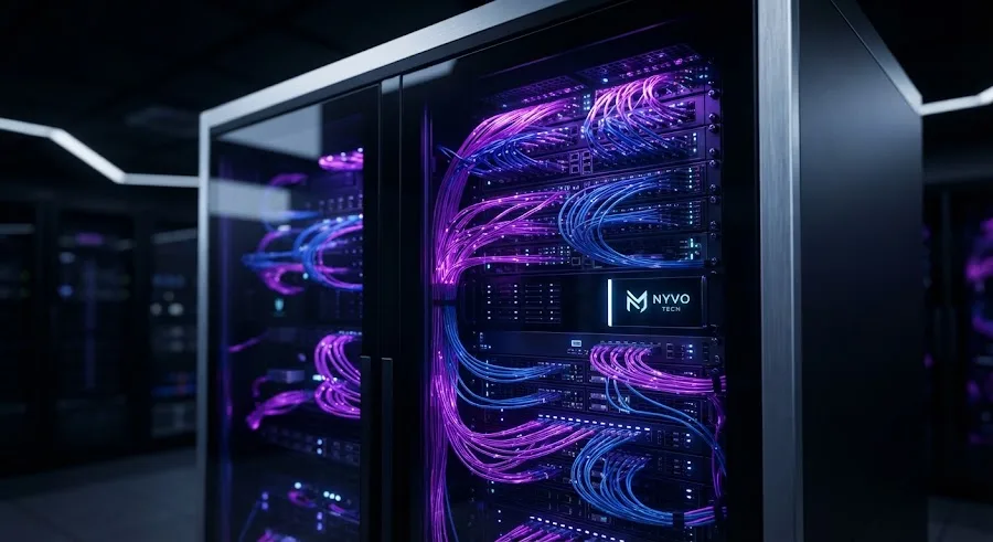 Futuristic glass server rack with glowing internal lights
